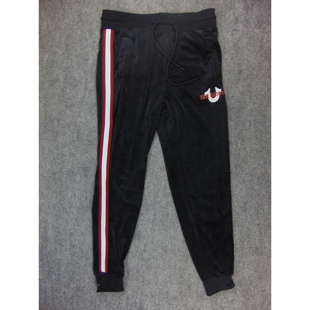 True Religion Joggers Mens Small Black Velour Side Stripe Track Pants Streetwear
